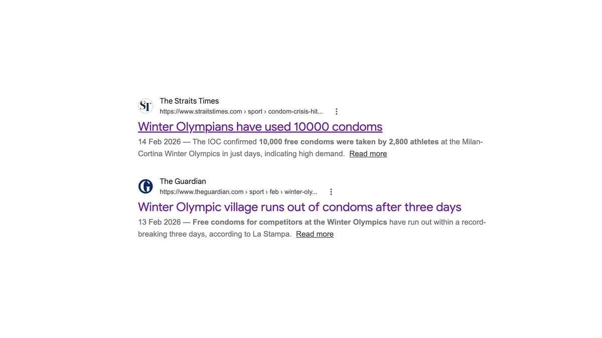 Search results from The Straits Times and The Guardian: Winter Olympians used 10,000 condoms, and the Olympic village ran out after three days.