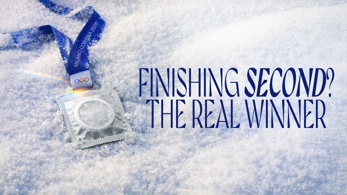 Silver: a silver condom wrapper on the medal ribbon in snow, headlined &ldquo;Finishing second? The real winner.&rdquo;