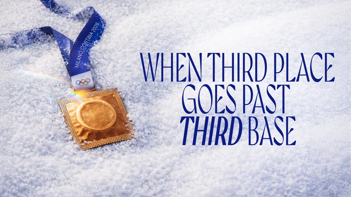Bronze: a bronze condom wrapper on the medal ribbon in snow, headlined &ldquo;When third place goes past third base.&rdquo;