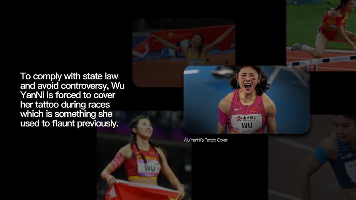 Wu Yan Ni's tattoo cover, taped over in skin tone during a race, explained as compliance with state law rather than her choice.