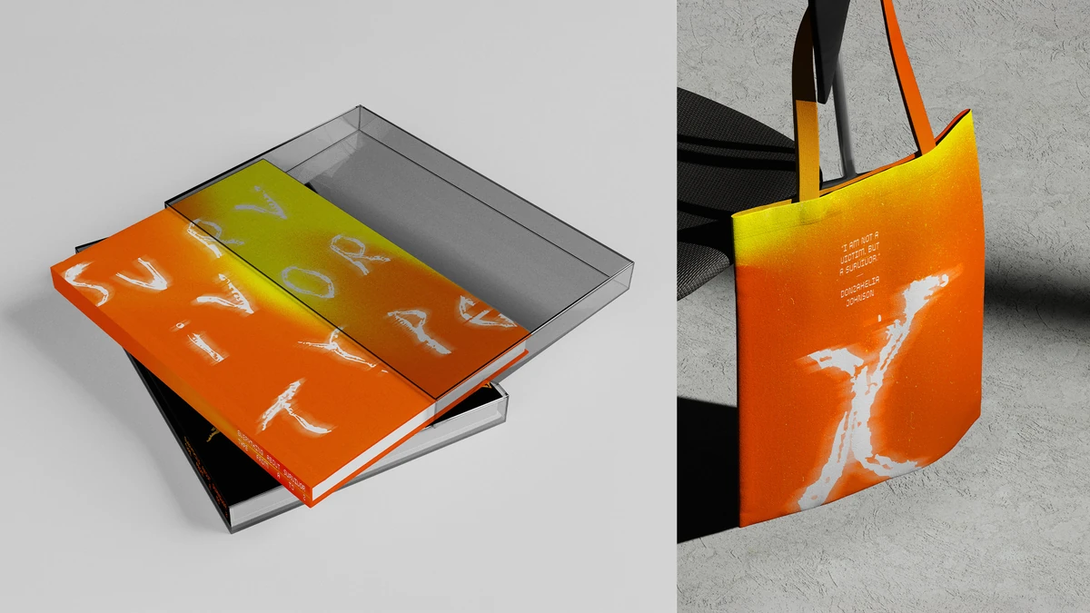 Survivor Type book jacket and tote bag mockups in an orange-to-yellow gradient, with the pull quote "I am not a victim, but a survivor."