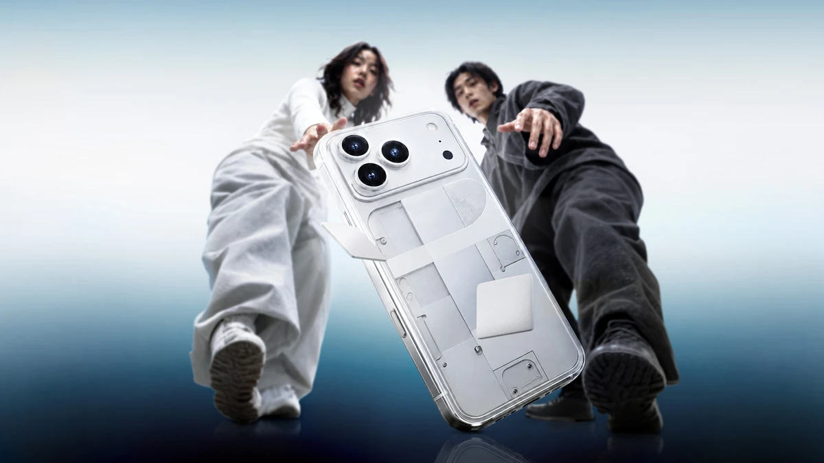 Two models reach toward the case-clad iPhone as it floats mid-air, its clear back revealing the Nothing Phone(3) panel design underneath.