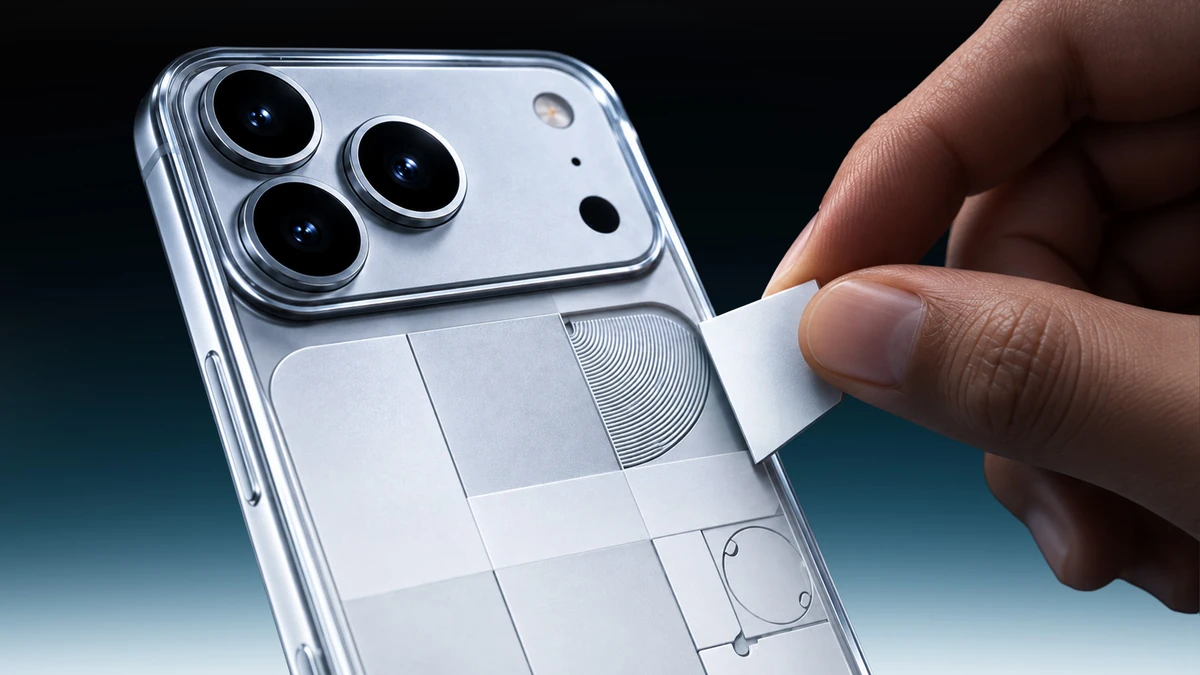 Close-up of a hand peeling a panel off the clear case, revealing the Nothing Phone(3) design beneath.