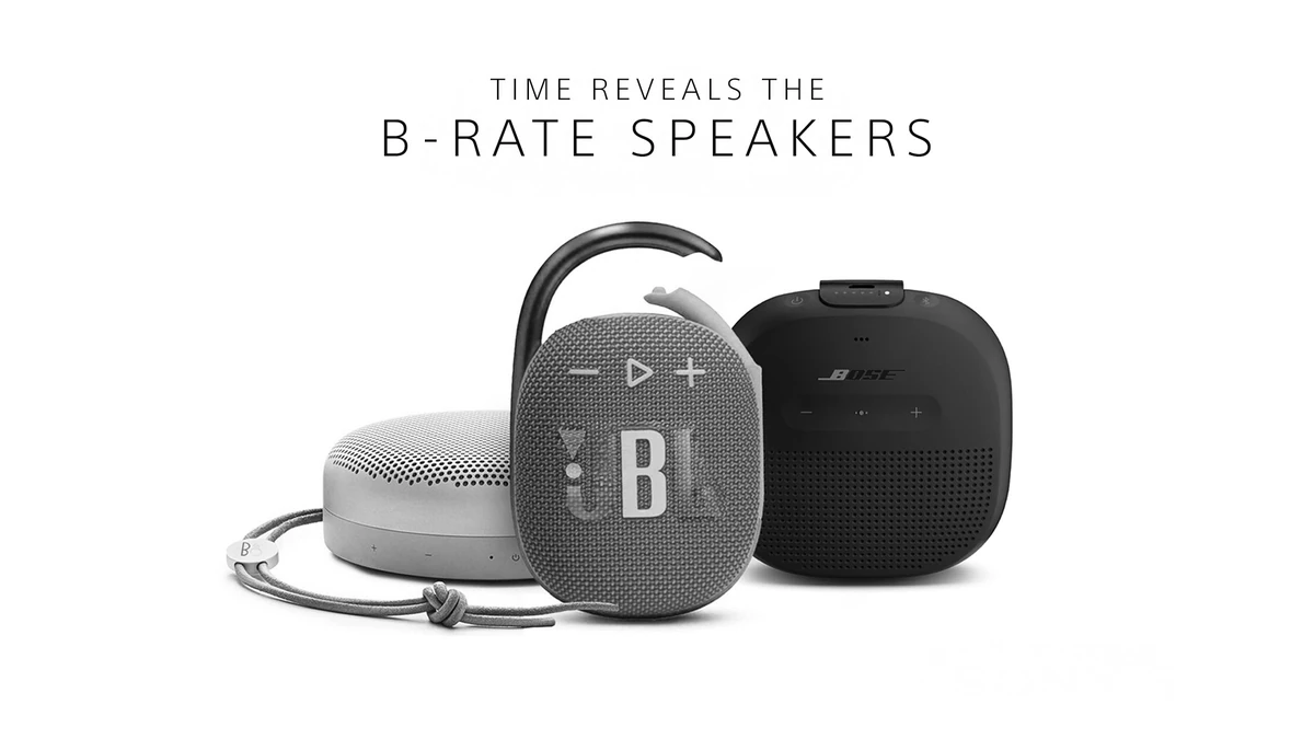 Key visual: &ldquo;Time reveals the B-rate speakers&rdquo; over worn-looking B&O, JBL and Bose portable speakers in black and white.