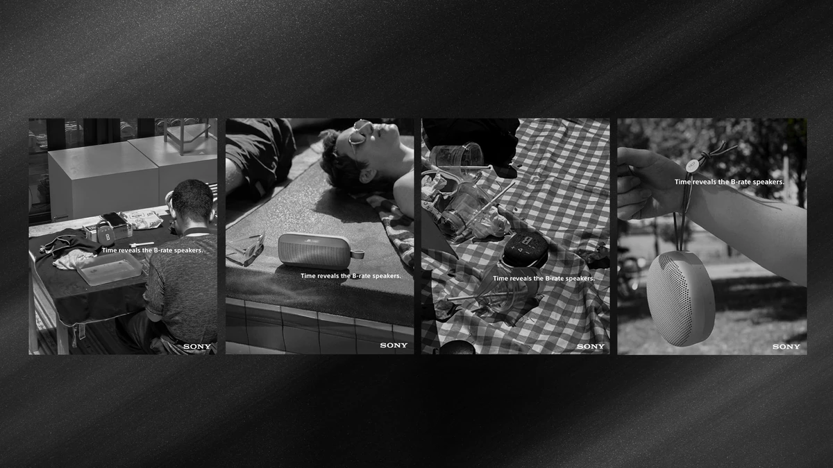 Four black-and-white print ads: a well-used Sony speaker at a desk, a poolside, a picnic and hanging from a wrist, each captioned &ldquo;Time reveals the B-rate speakers.&rdquo;